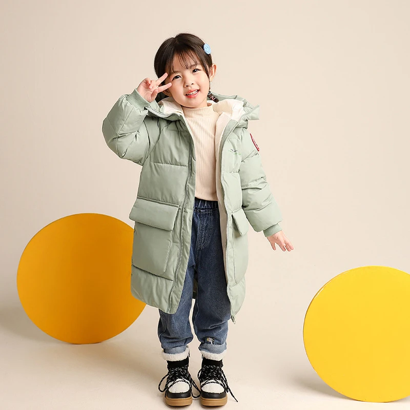 2024 Winter Children Down Cotton Jacket Baby Boys Girls Korean Version Style Medium And Long Size Hooded Coat Baby Outerwear