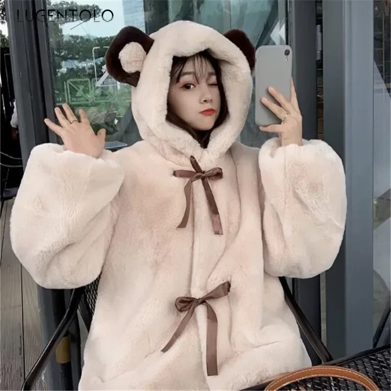 Women Plush Hooded Bear Ears Sweatshirts Cute New Coat Autumn Winter Girt Lace-up Cardigan Loose Solid Clothing