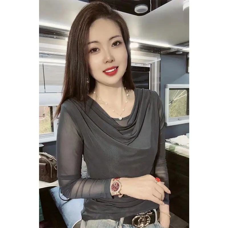Spring Autumn New Net Yarn Slim Bottoming Shirt Long Sleeve Pleated Solid Color Thin Tops Tees Vintage Office Women Clothing