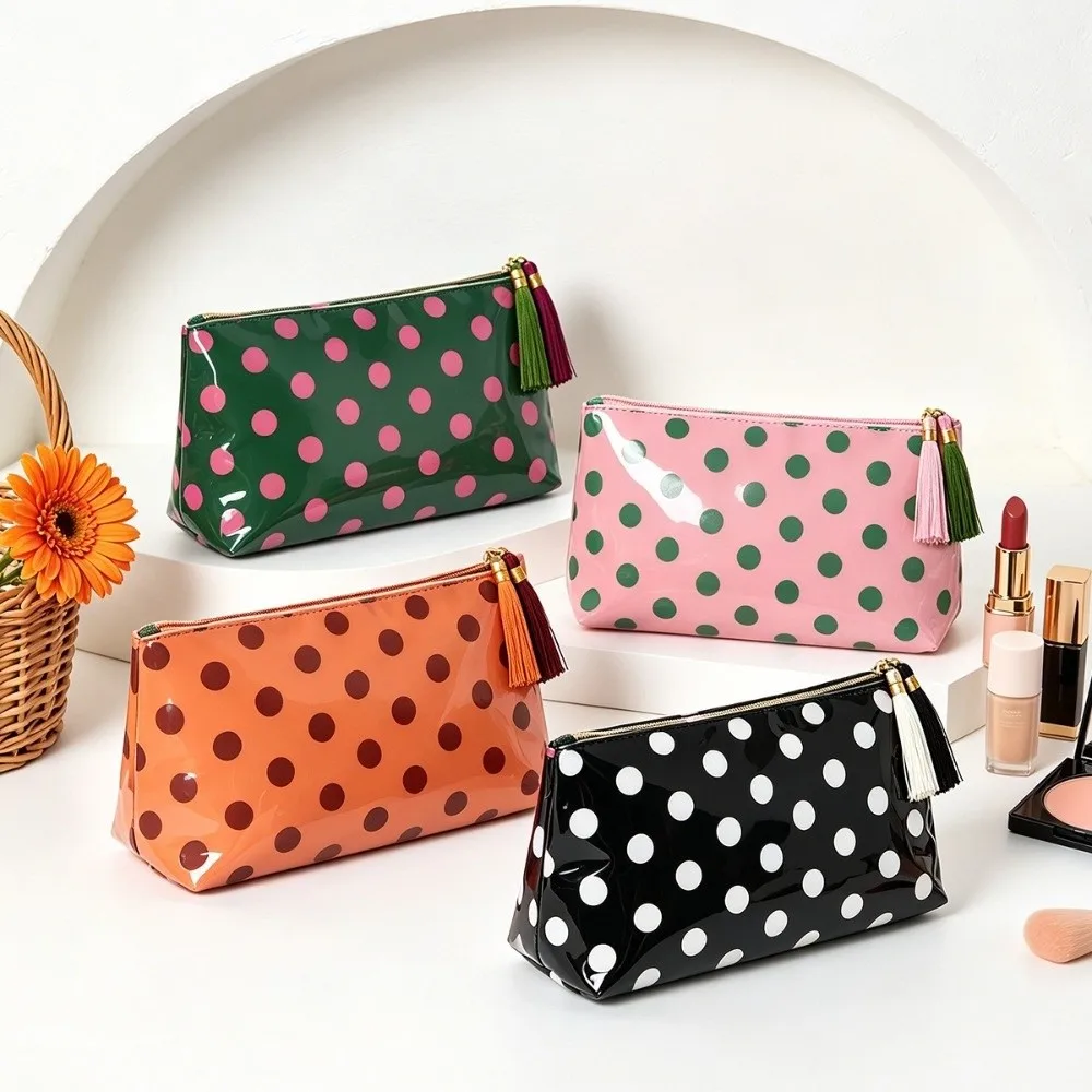 Glossy Finish Cosmetic Bag Zip Top Tassel Pull Travel Pouch Compact Size Rectangular Shape Toiletry Bag Travel Essentials