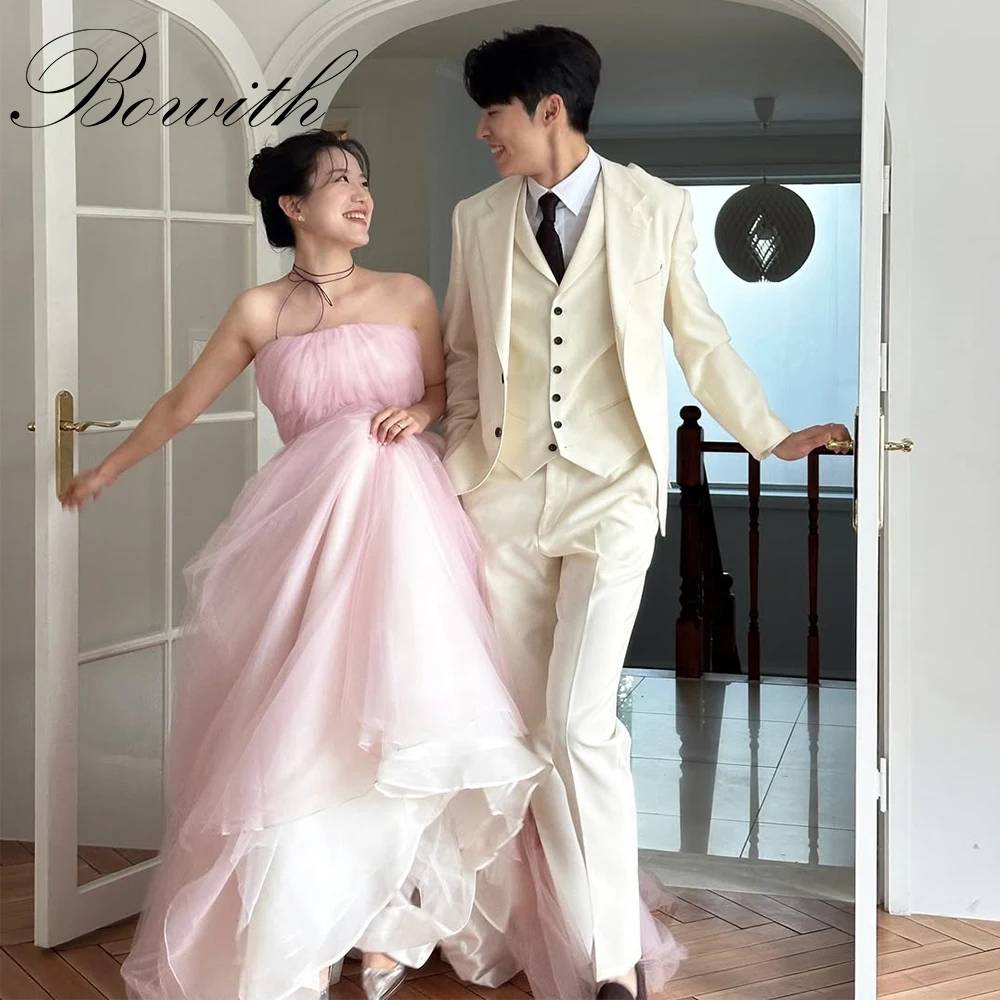 

Bowith Baby Pink Strapless Soft Tulle A Line Evening Dresses Korea Princess Prom Gowns Formal Occasion Dress Corset Back