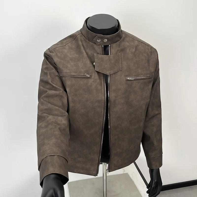 

Retro American Brown Leather Jaet Men's ort Padded oulder Stand Collar Biker Coat Youthful Autumn Long Sve Polyester