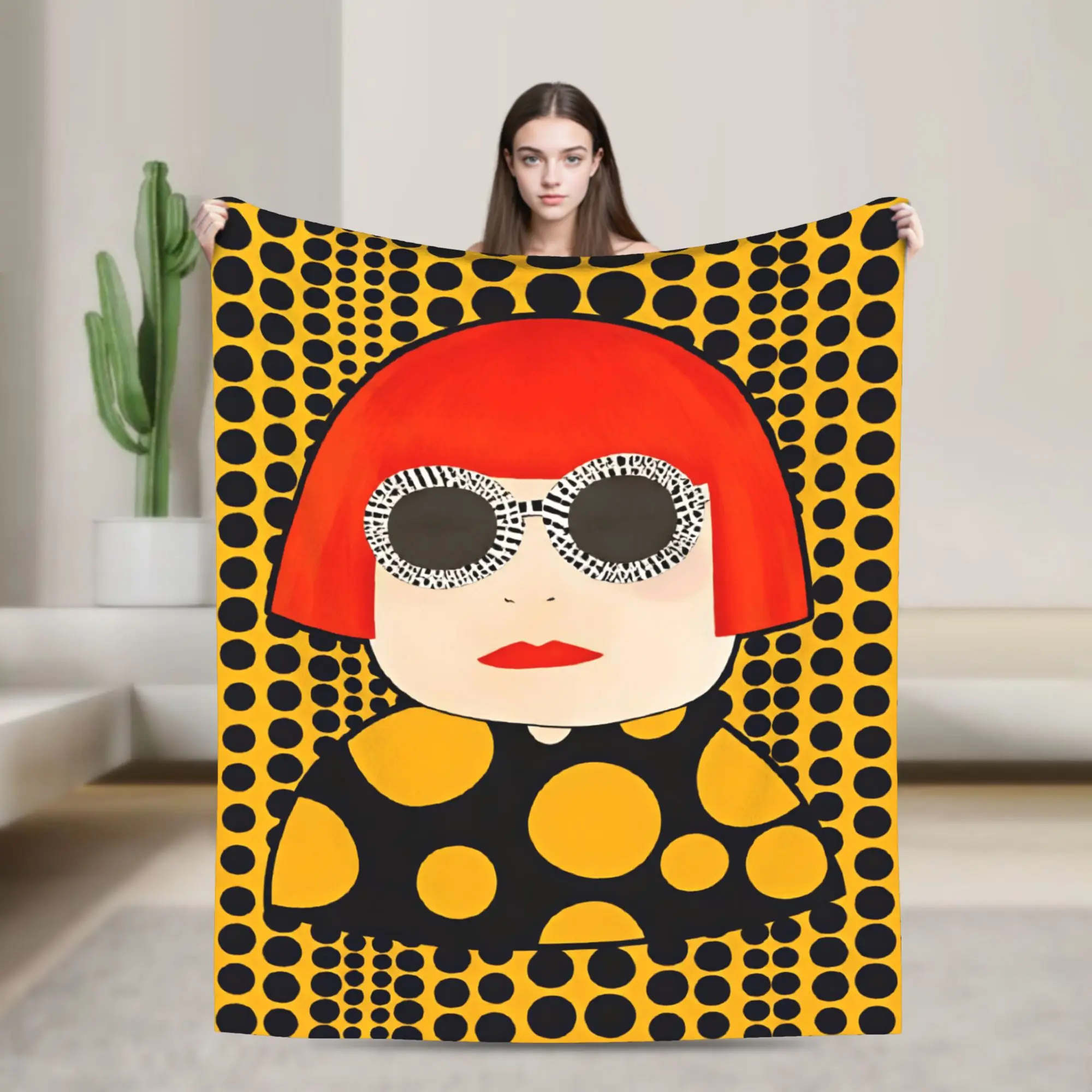 Yayoi Kusama Q Version Character Yellow Polka Dot Blankets Quality Warm Cozy  Bedding Throws Winter Travel Living Room Bedspread