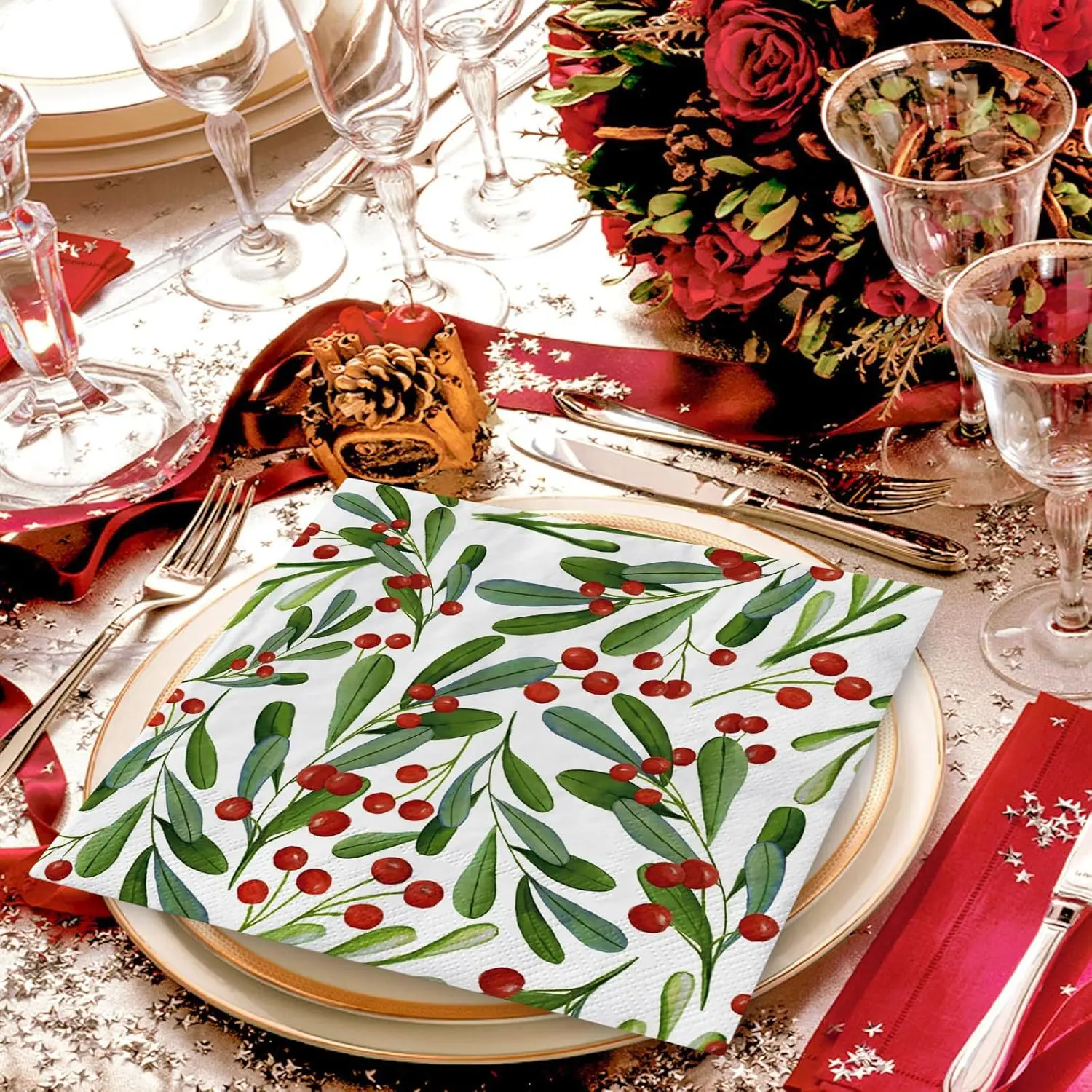 مناديل عيد الميلاد - تصميم 3 طبقات للاستعمال مرة واحدة من التوت والصنوبر مع توت أحمر، لحفلات العطلات وحفلات الزفاف وديكور المنزل