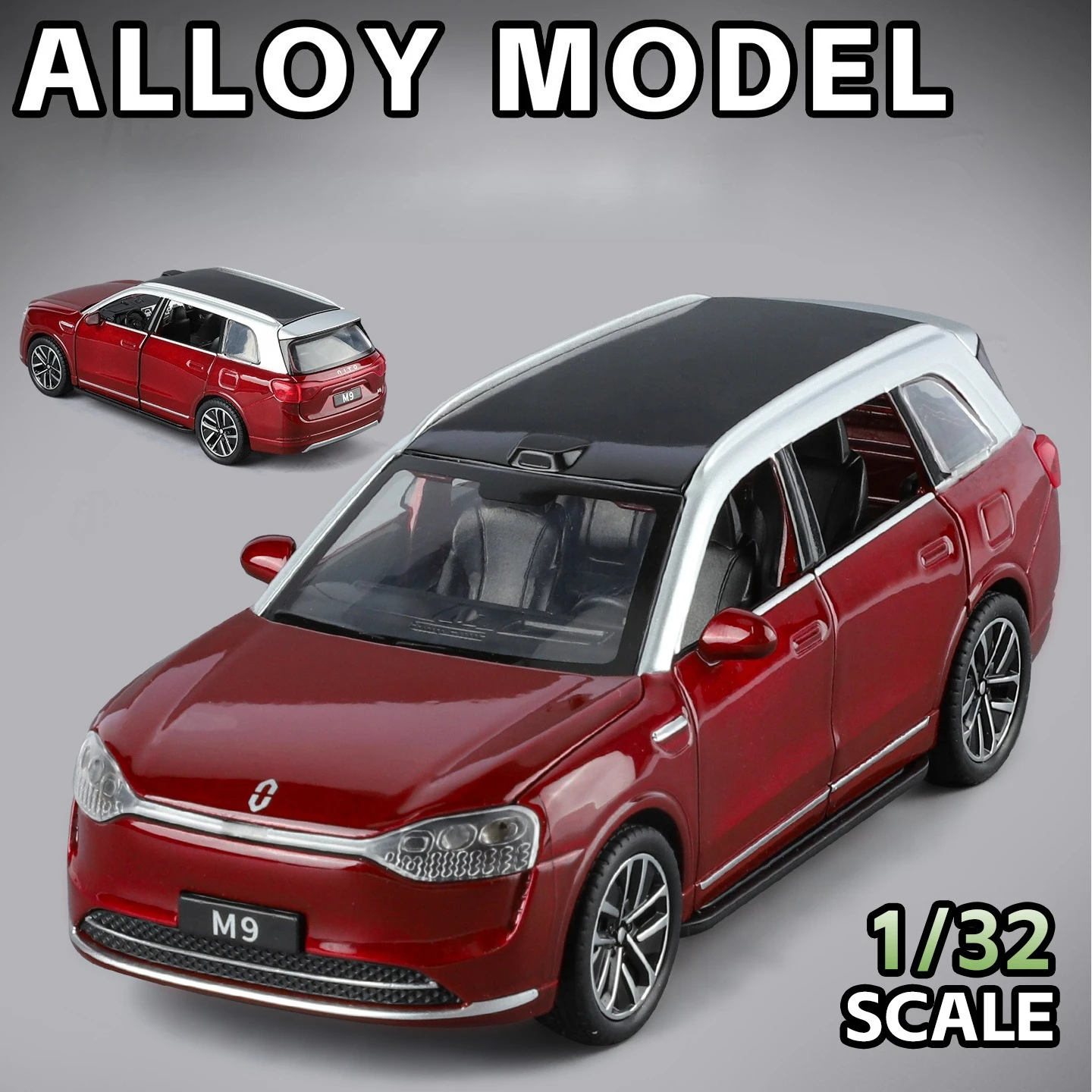 1:32 AITO M9 سبيكة على الطرق الوعرة نموذج مركبة التراجع الصوت والضوء متجر الألعاب مركبة الأعمال زينة زخرفية