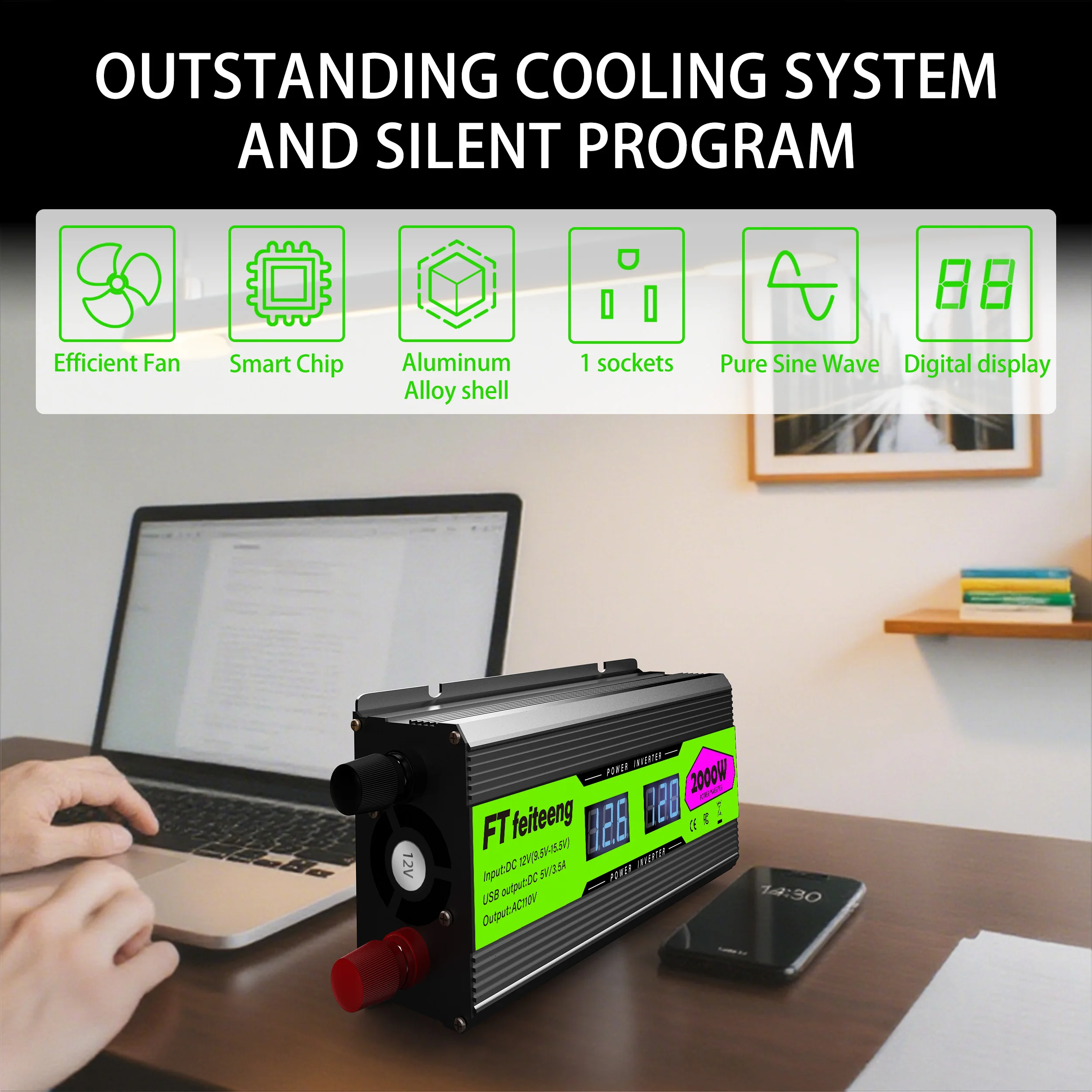 Acessórios eletrônicos para carro, inversor de energia 12v a 110v com display lcd, 2 tomadas ac e portas usb para carros, rvs, acampamento