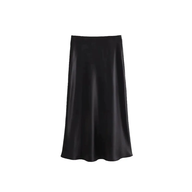 1pcs Black Satin Skirt Women's High Waist Elegant Skirt, Fashionable Maxi Skirt Office Ladies Skirt