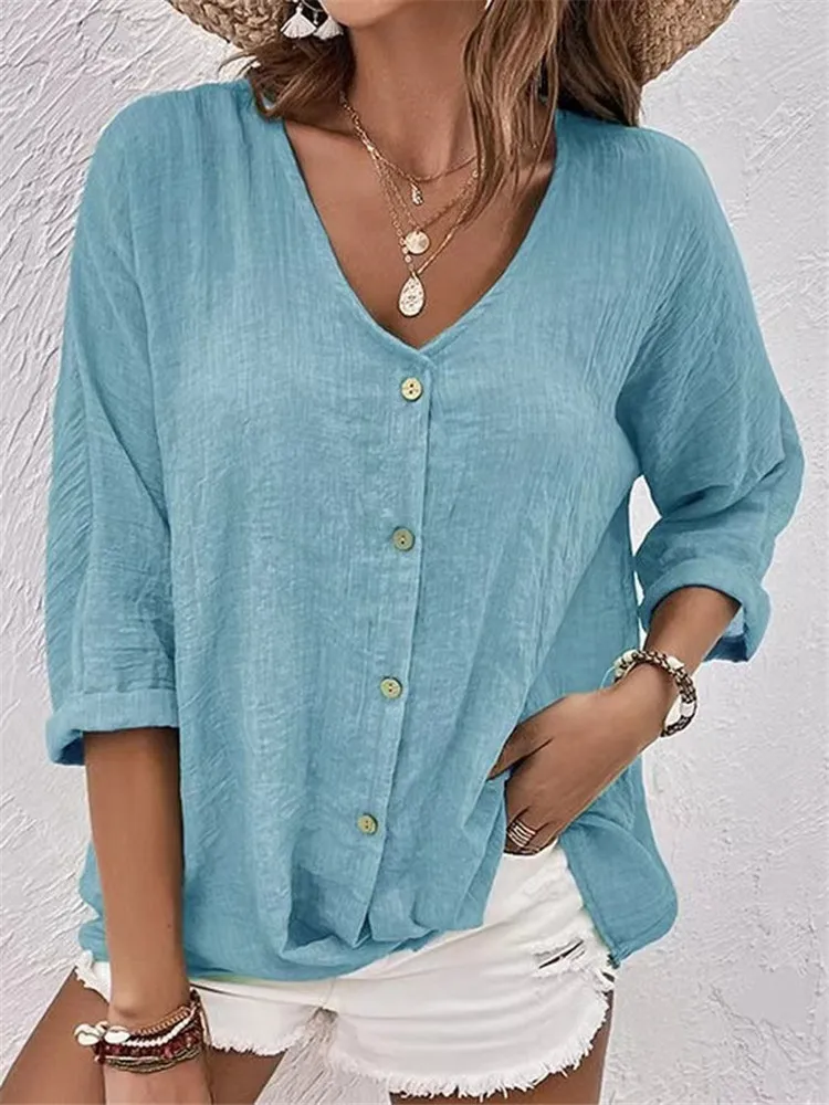 Sexy V Neck Long Sleeve Shirt Blouse Office Lady Spring Autumn Fashion Casual Solid Button Shirts For Women 2023 Female Tops