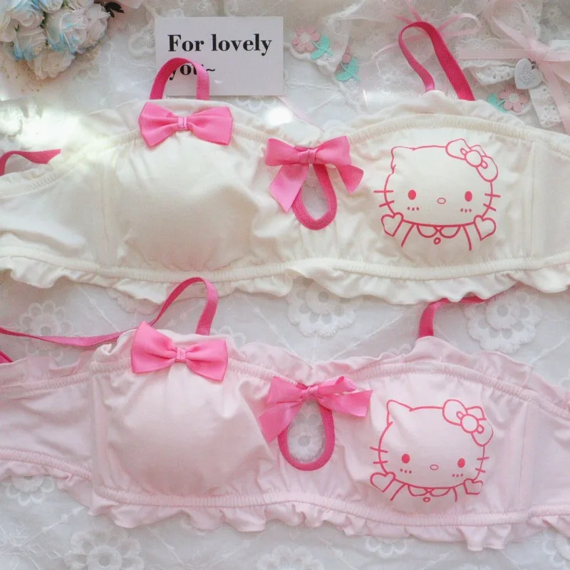 

Cartoon Pattern Cotton Cute and Sweet Hello Kitty Chest Bras and Panties Women's Student No Steel Ring Girl Underwear Bra M L XL