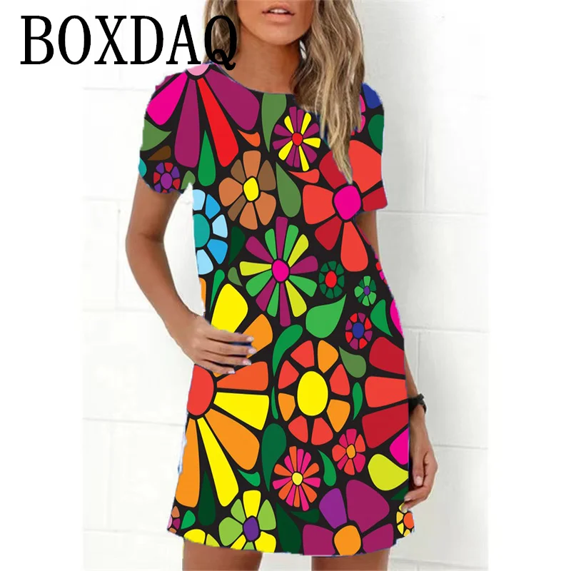 Flower Power Women Dress Retro Hippie 60s Elegant Short Sleeve Loose Dress Casual Fashion Oversize Summer Woman Print Mini Dress