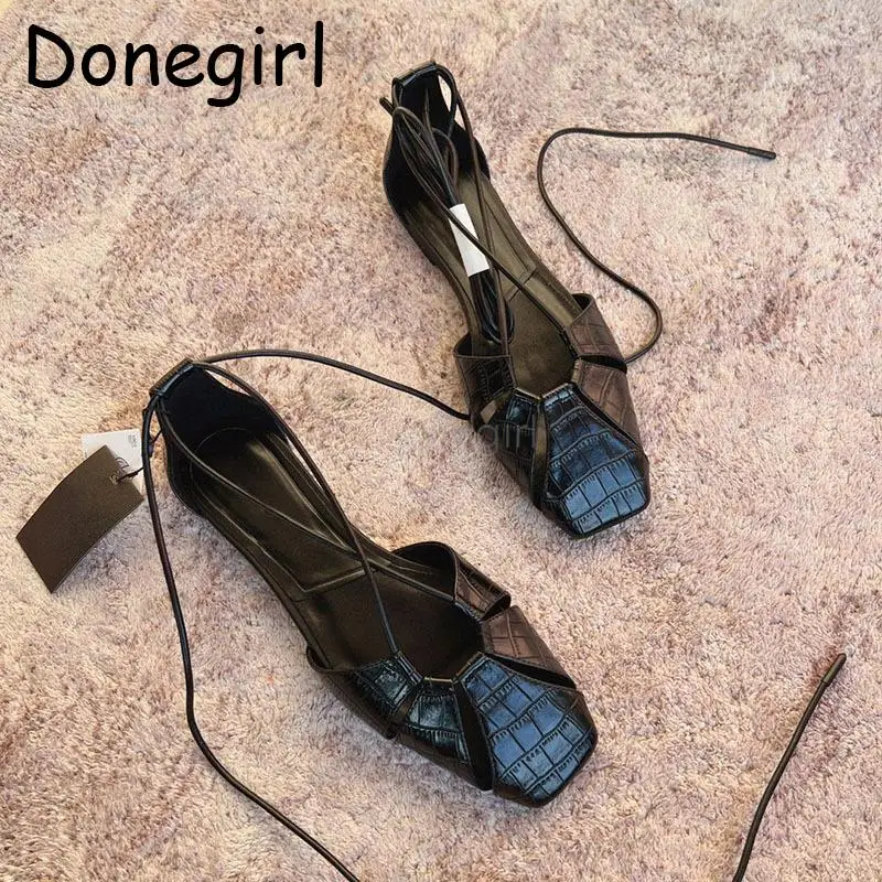 Donegirl 2023 Spring Summer New Women Leather Hollow Taping Shallow Sandals Flat Elegant Solid Versatile Shoes Female Chic