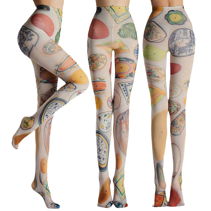 Collants à motifs Y2k pour femmes, collants transparents esthétiques, imprimé funky, bas en maille sexy Harajuku, leggings élastiques Hipster Lolita