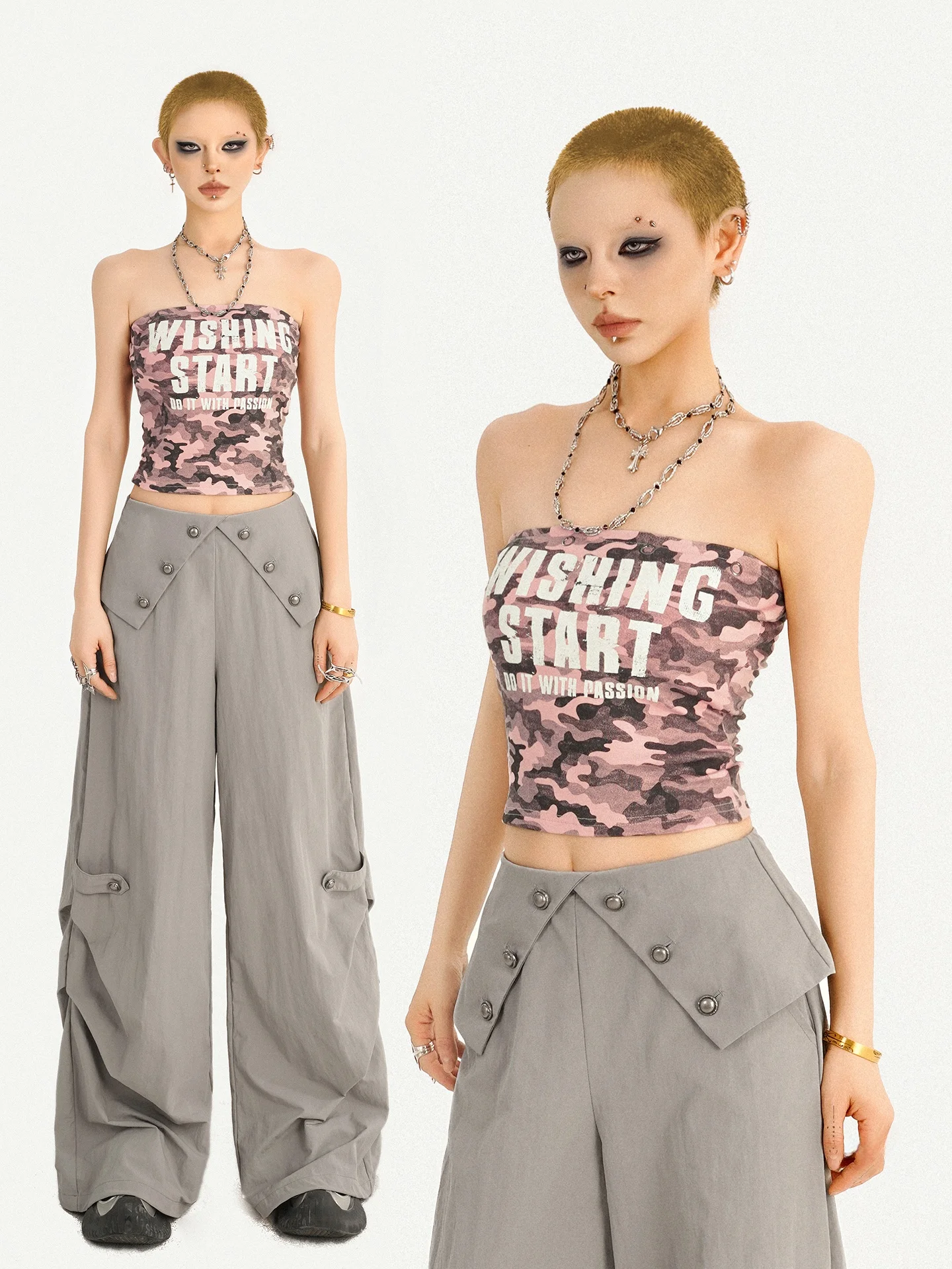 

Nico Molly American Street Style Camouflage Letter Print Crop Top Women's Slim Fit Sexy Personality Shirt Short Length