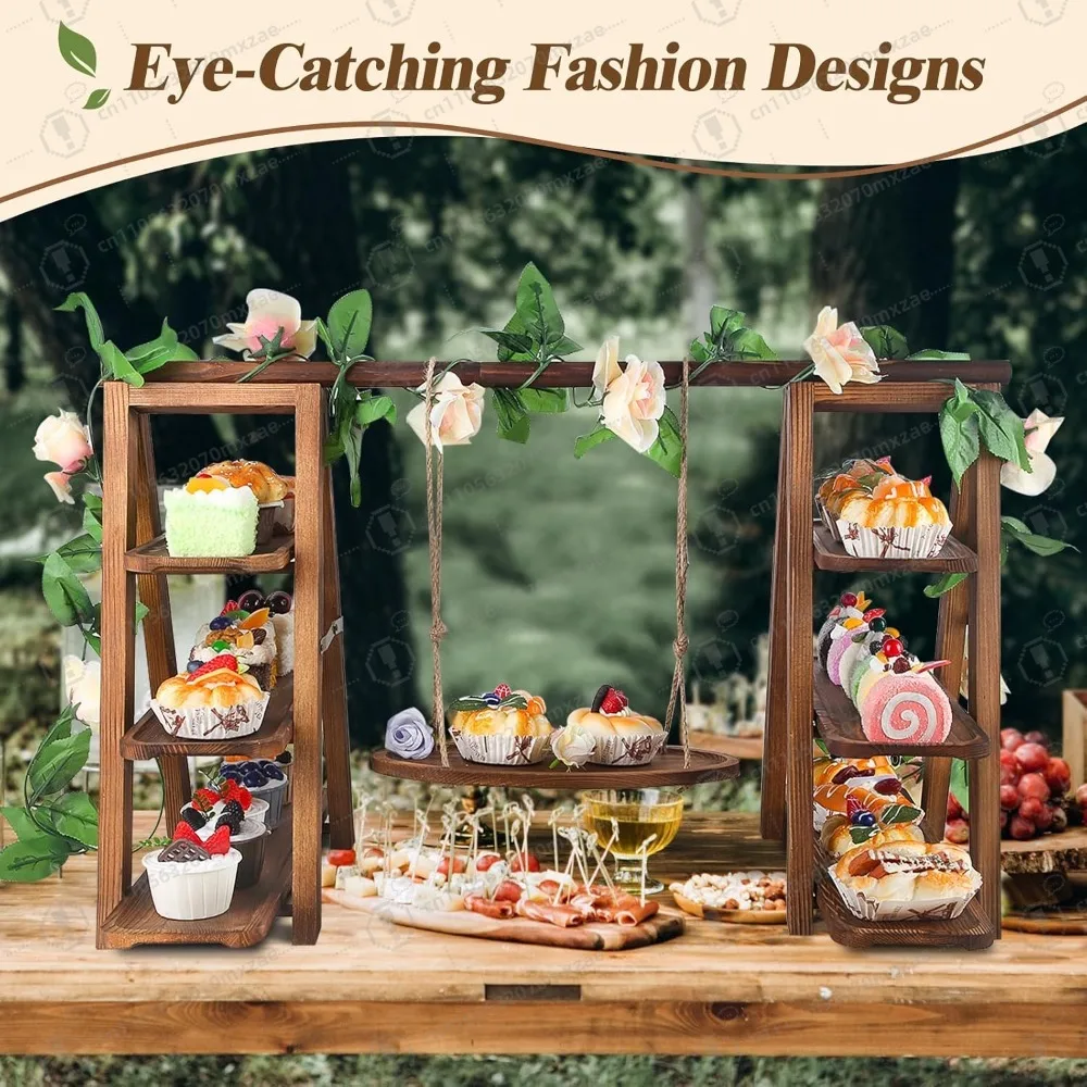 Wooden 3 Tier Cupcake Stand with Floral Swing Removable Trays Foldable Serving Platter for Party Dessert Buffet Display