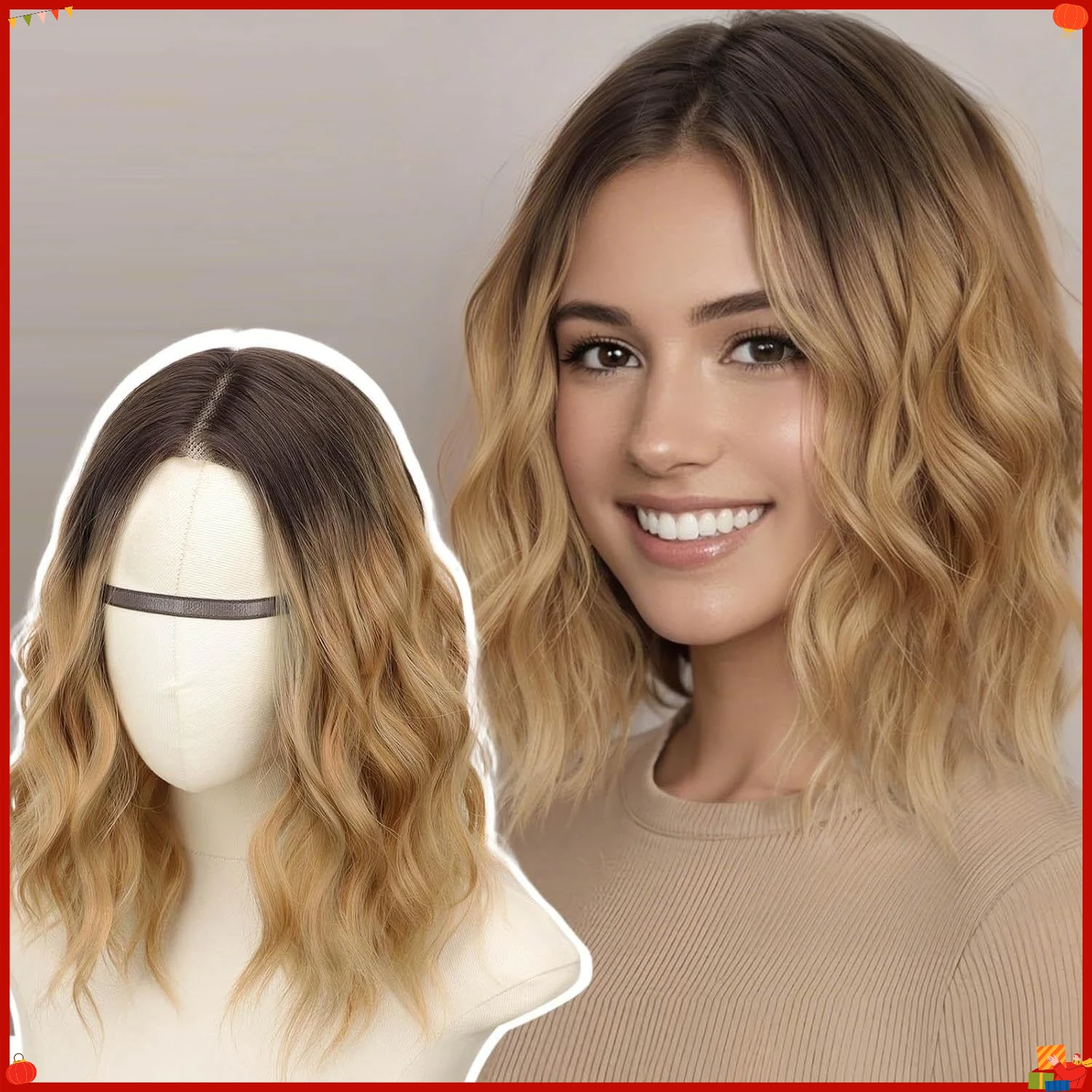 Synthetic Lace Front Wig for Women Small T Lace Wig Brown Ombre Water Wave Cosplay Party Fashion Daily Hair Replacement