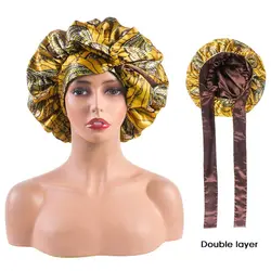 Double-layer Satin Sleep Cap Fashion Adjustable Stretchy Tie Band Silky Satin Bonnet Curly Hair Elastic Hair Cap Sleeping