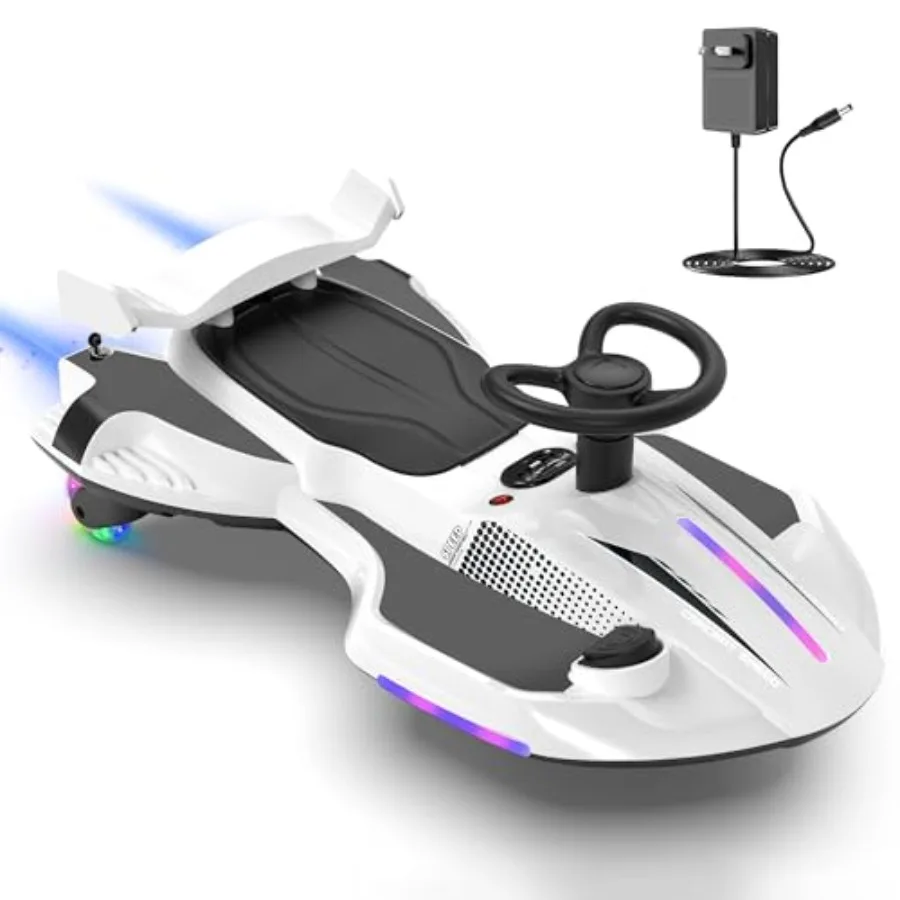 

Электрический автомобиль-каталка 2-в-1 на 12В с педалями, функцией качания, спинкой и защитой от опрокидывания, белый, с эффектом спре-флэш