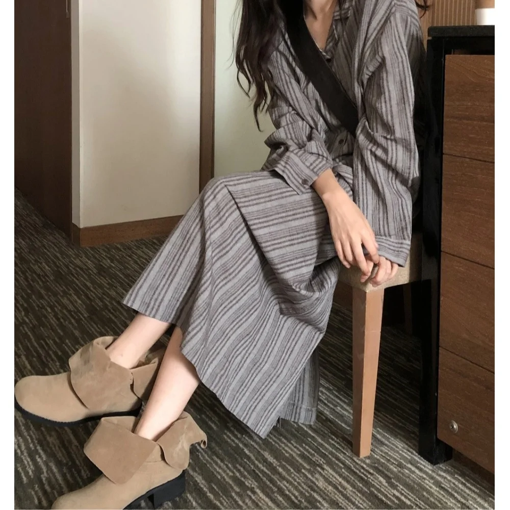 

Retro Striped irt High Waist Slimming ves Skirt Beautiful Spring Set Korean Sle Women's Faion Casual Wear