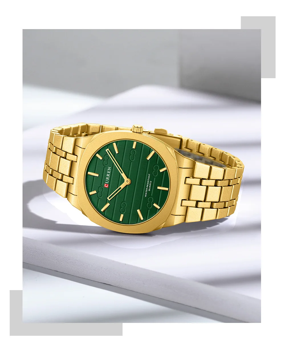 CURREN 8444 Men's Quartz Watch Business Simple Leisure Gold Blue Green Analog Display Stainless Steel Strap for Male Clock