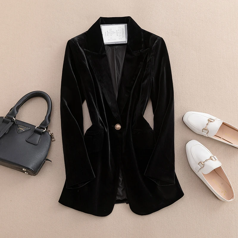 

Весенне-осенний женский бархатный пиджак большого размера с длинным рукавом, приталенный, с зауженной талией, на одной пуговице, для офиса
