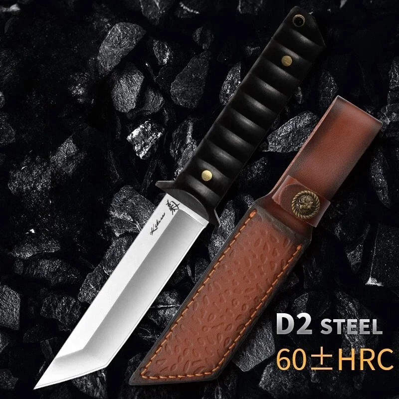 D2 Steel Fixed Blade Outdoor Knife High Hardness Utility Knife with Leather Sheath for Camping Hiking & Outdoor Activities