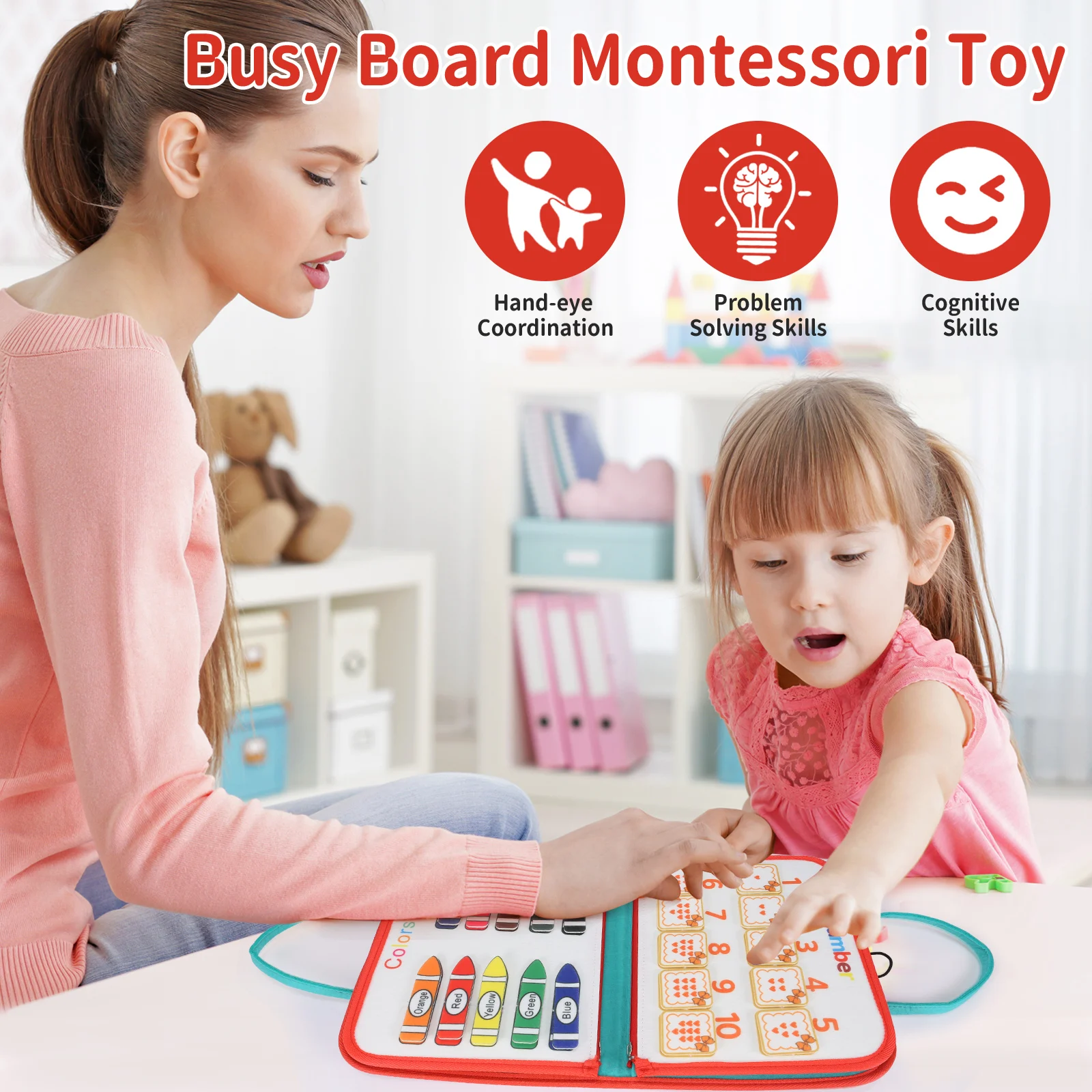 TUNJILOOL Montessori Toddlers Busy Board 3D Baby Felt Cloth Book Early Educational Math Toys Shape Color Match Board  Life Skill