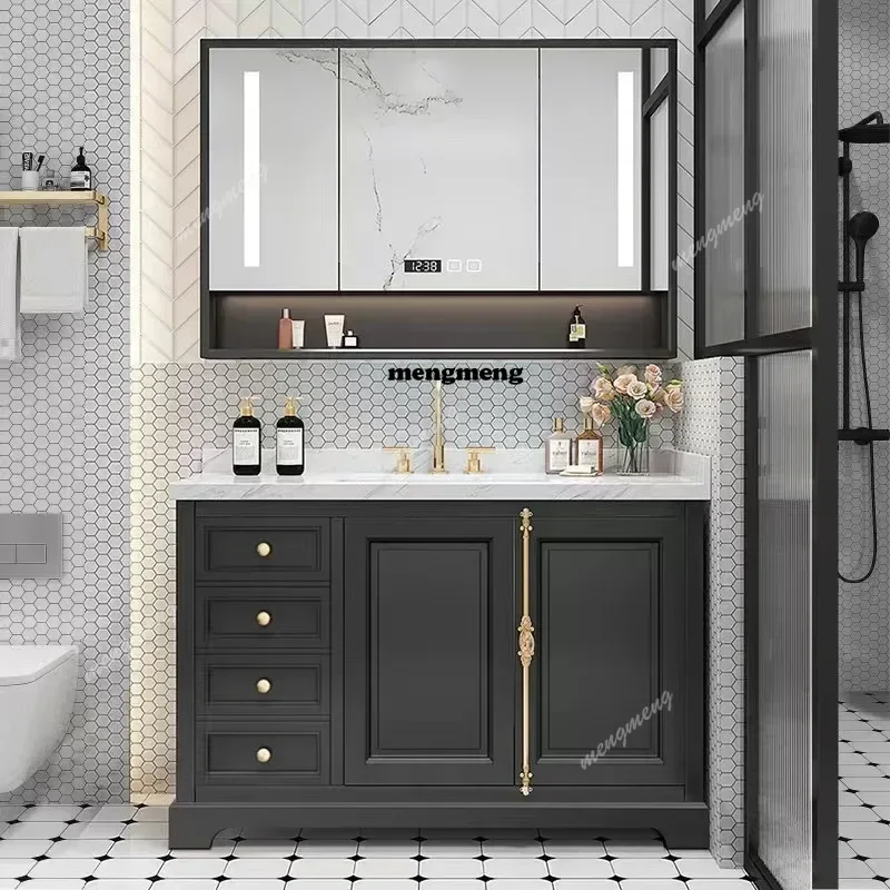 S178 Light Luxury Retro Oak Bathroom Cabinet Smart Mirror Rock Ceramic Washbasin Bathroom Vanity Sink Cabinet Bathroom Furniture