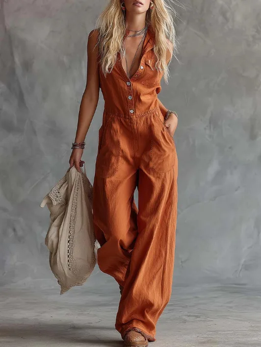 

Effortless Jumpsuit Breathable Linen Relaxed Jumpsuit Sleeveless Front Button Jumpsuit Western Bohemian Fashion Romper