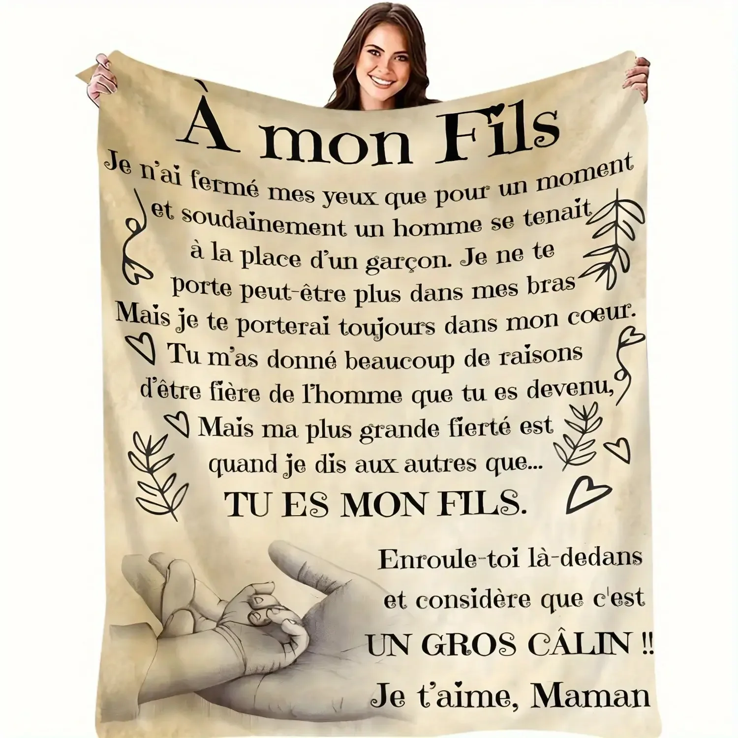 Customize 1pc of Parent-Child Affection Flannel Blanket: Warm French Text and Parent-Child Elements Interwoven, The Blanket Is S