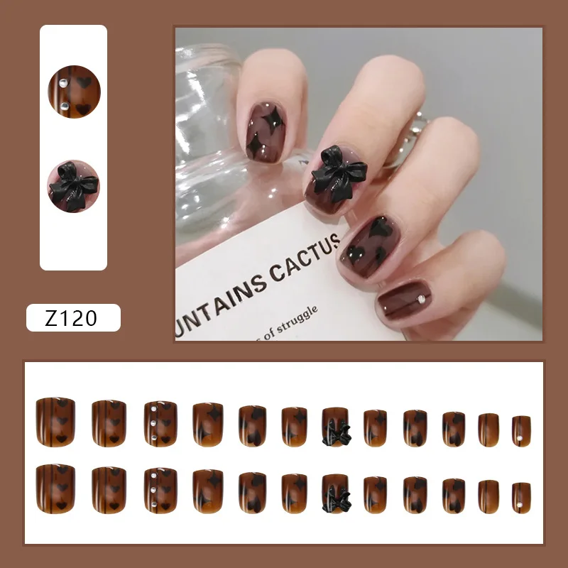 New 24PCS Black Bow Nail Patch Glue Type Removable Short Paragraph Manicure Save False Nail Patch 24PCS Removable Nails Art Tip