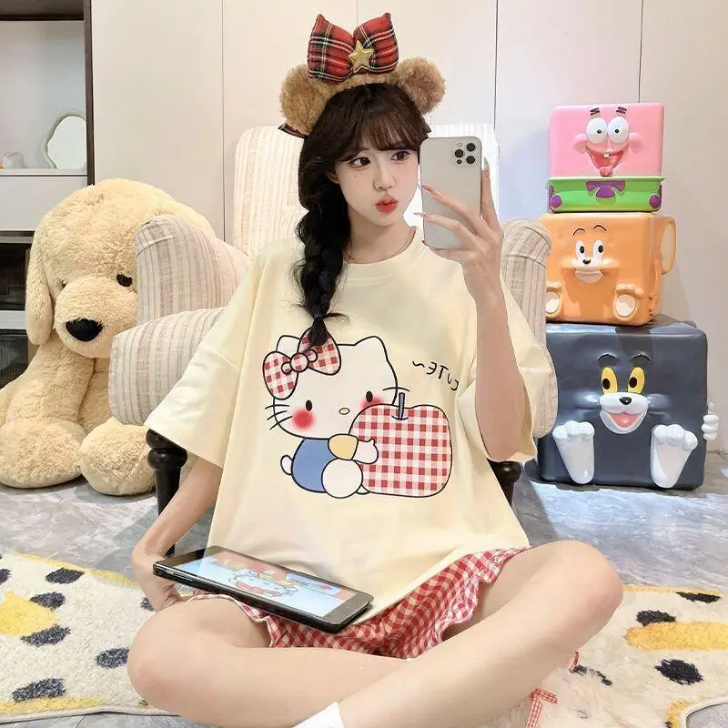 

Sanrios Hello Kittys Short Sleeve Pajama Set Lightweight for Female Students Dormitory Summer Wear Cute Popular Fast Delivery