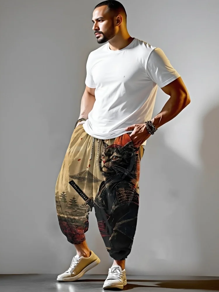 

Мужские повседневные брюки, винтажные свободные спортивные штаны с принтом кота самурая вишни и завязками на талии, модные длинные мешковатые брюки для мужчин