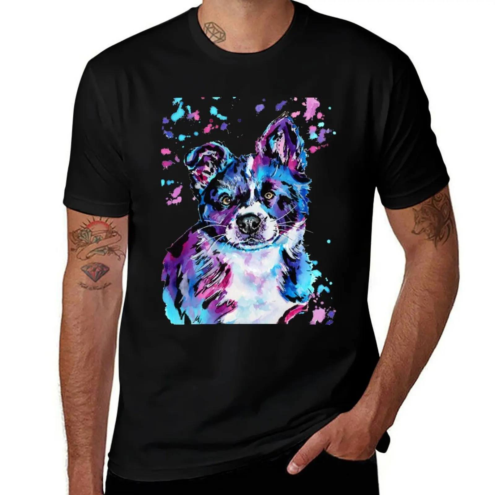 Colourful Border Collie Puppy T-Shirt man t shirts high quality luxury brand T-Shirt