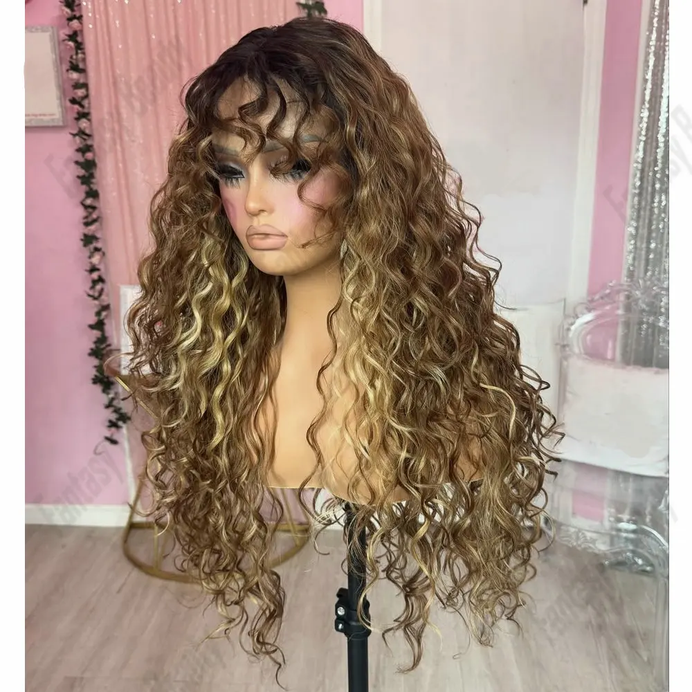

Light Brown Balayage 13x6 Lace Wigs Human Hair Natural Hairline Honey Blonde Hightlight Glueless 360Lace Frontal Wigs With Bangs