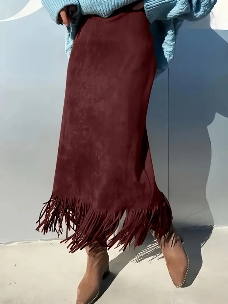Autumn Fashion Sexy A-line Long Skirts Vintage Clothes Solid Suede Tassel Skirt Woman Spring Fashion High Waist Slim Hips Skirt