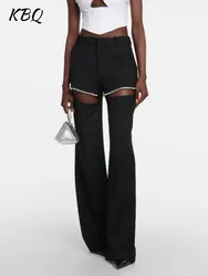 KBQ Spliced Diamonds Hollow Out Straight Pant For Women High Waist Temperament Solid Loose Wide Leg Pants Female Fashion Style