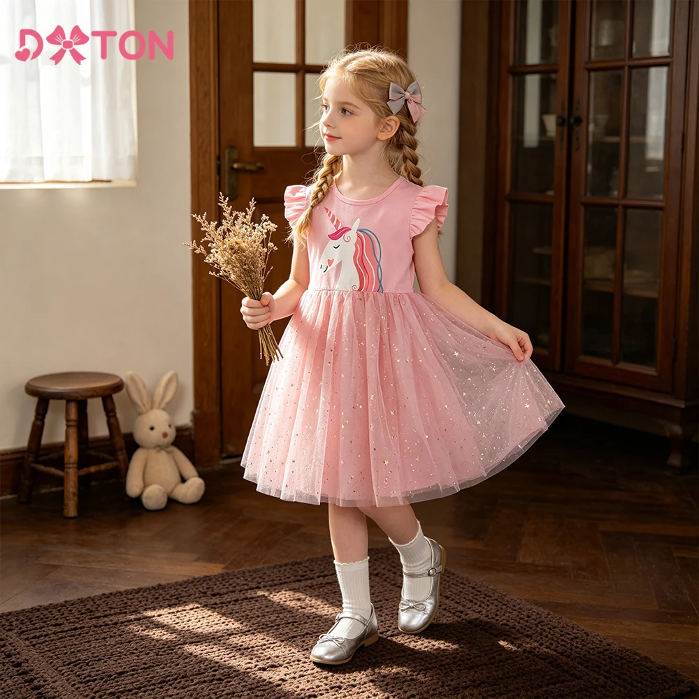 DXTON Summer Children Daily Dresses A-line Mesh Sleeveless Girls Tutu Dress Cartoon Unicorn Kids Girls Birthday Party Clothing