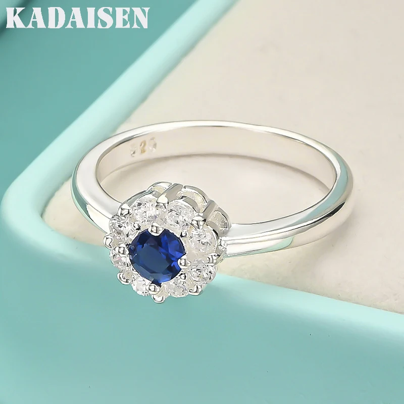 

925 Sterling Silver Flower Blue Zircon 7-10# Ring For Women Wedding Engagement Party Fashion Jewelry