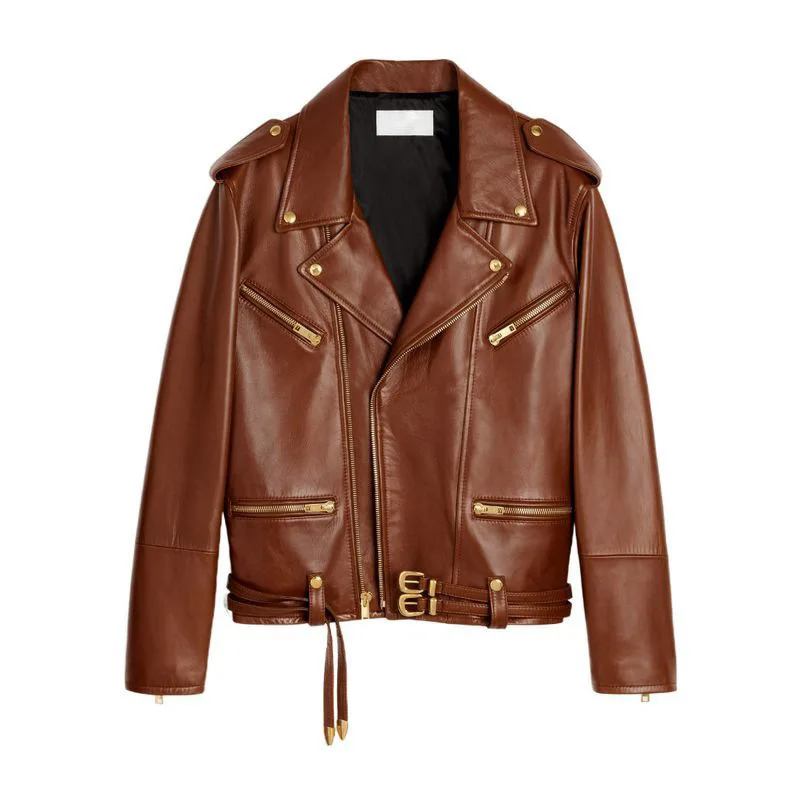 Genuine leather jacket new sheepskin metal buckle pull double waistband long sleeved motorcycle jacket jacket for women