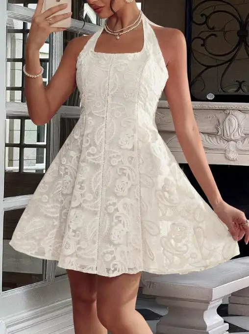 

French Midi Dress Woman Hanging Neck Sleeveless Camisole Dress Textured Embroidery High Waist Tight Fitting A-Line Mini Dress