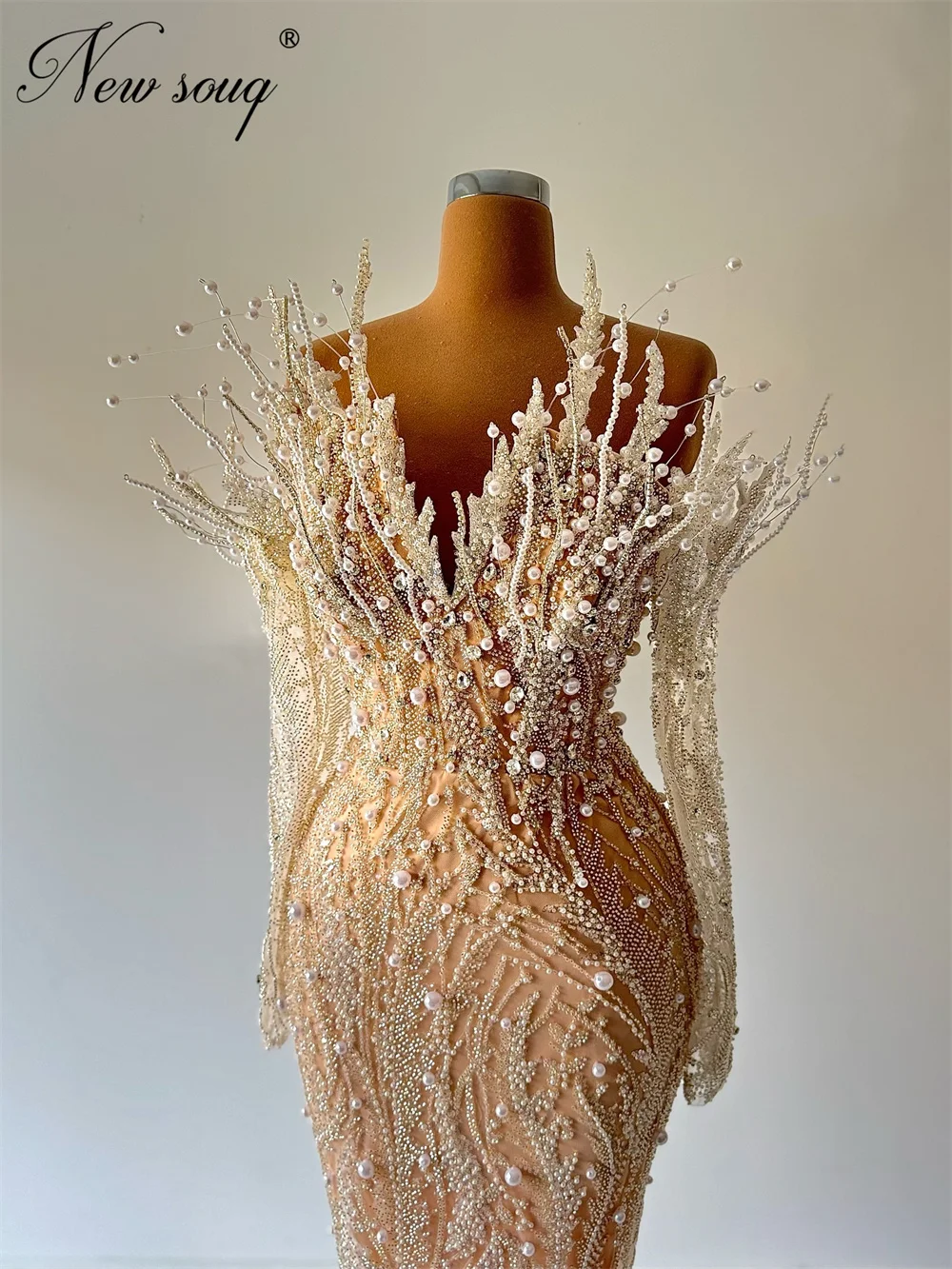 

Арабский жемчуг цвета шампанского Вечерние платья Robes De Soiree Роскошные иллюзии Женское платье для выпускного вечера с бисером Свадебные платья по индивидуальному заказу
