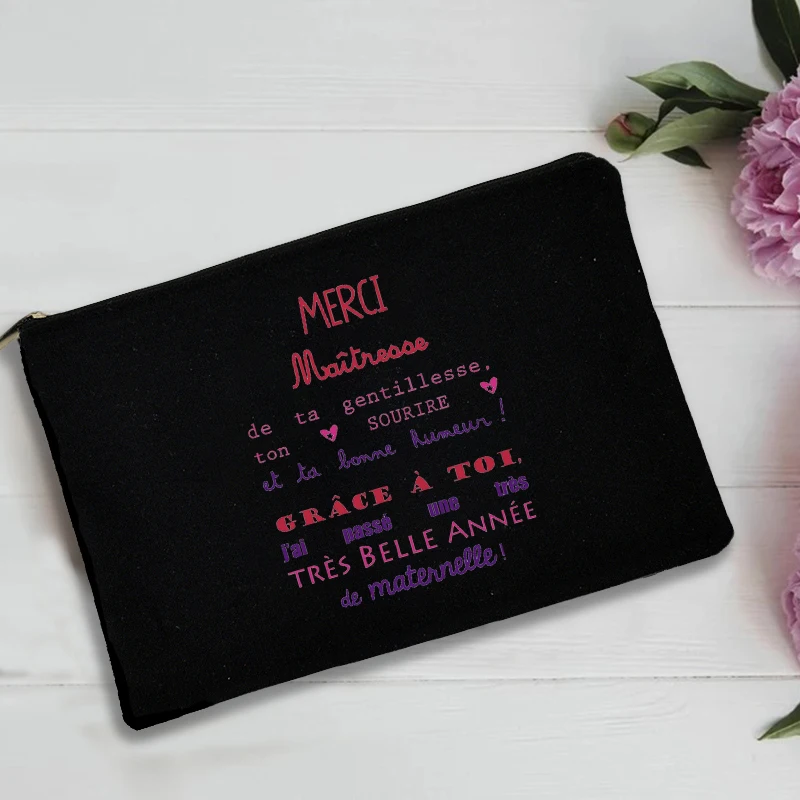 French Print Thank You Mistress Black Wristlet Clutch Bag Merci Maîtresse Teacher\'s Storage Bag Travel Wash Pouch Teacher Gifts