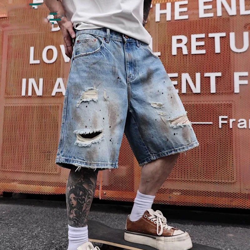 KIDWHXR Men's Denim Short Scontrast Color Distressed Hole Male Casual Shorts Streetwear Loose Straight Man Knee-length Jeans view 2