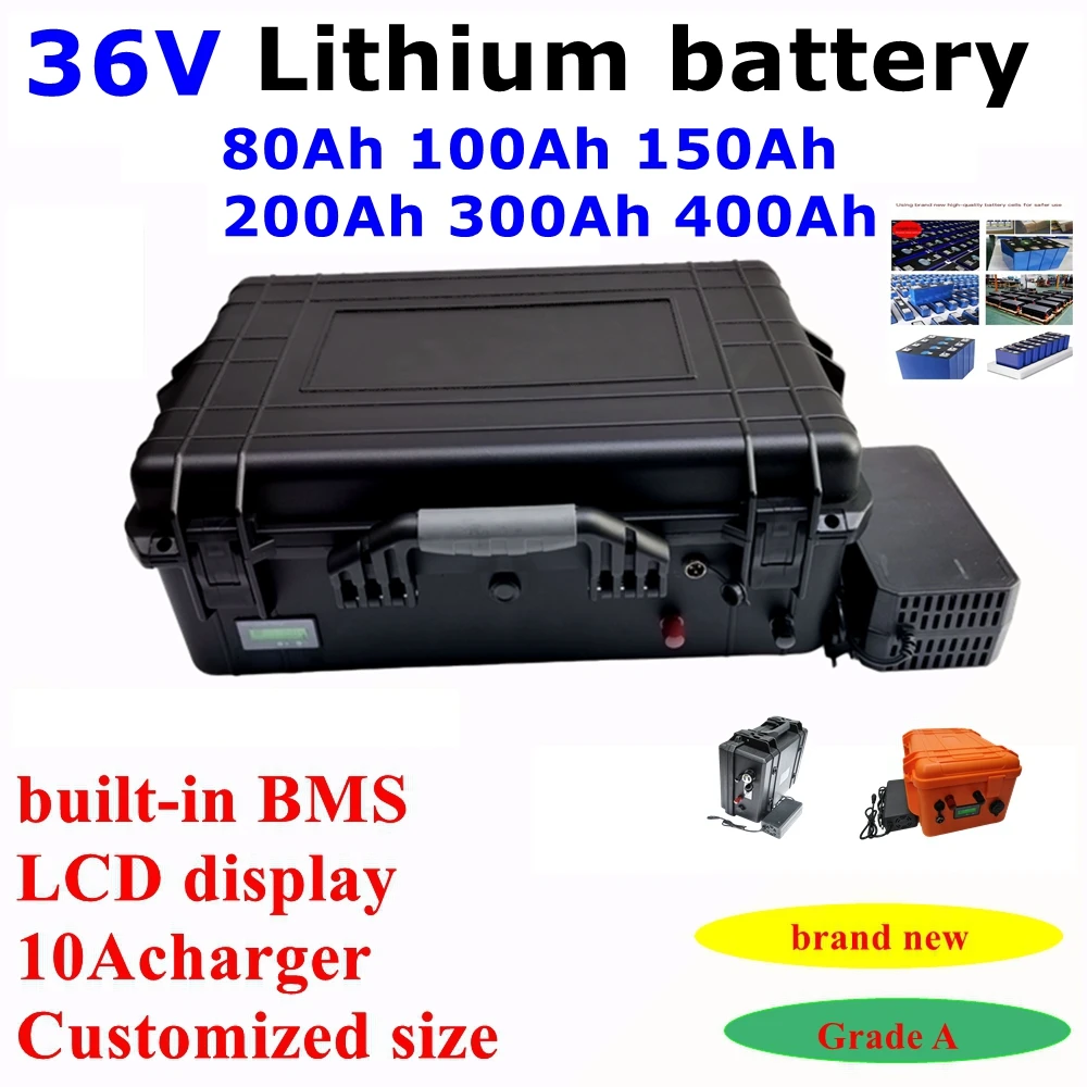 

LL-Batterie lithium-ion BMS pour scooter tricycle, bateau, énergie solaire, EV, chargeur 10A, 4000W, 2000W, 200Ah, 36V, 100Ah, 3