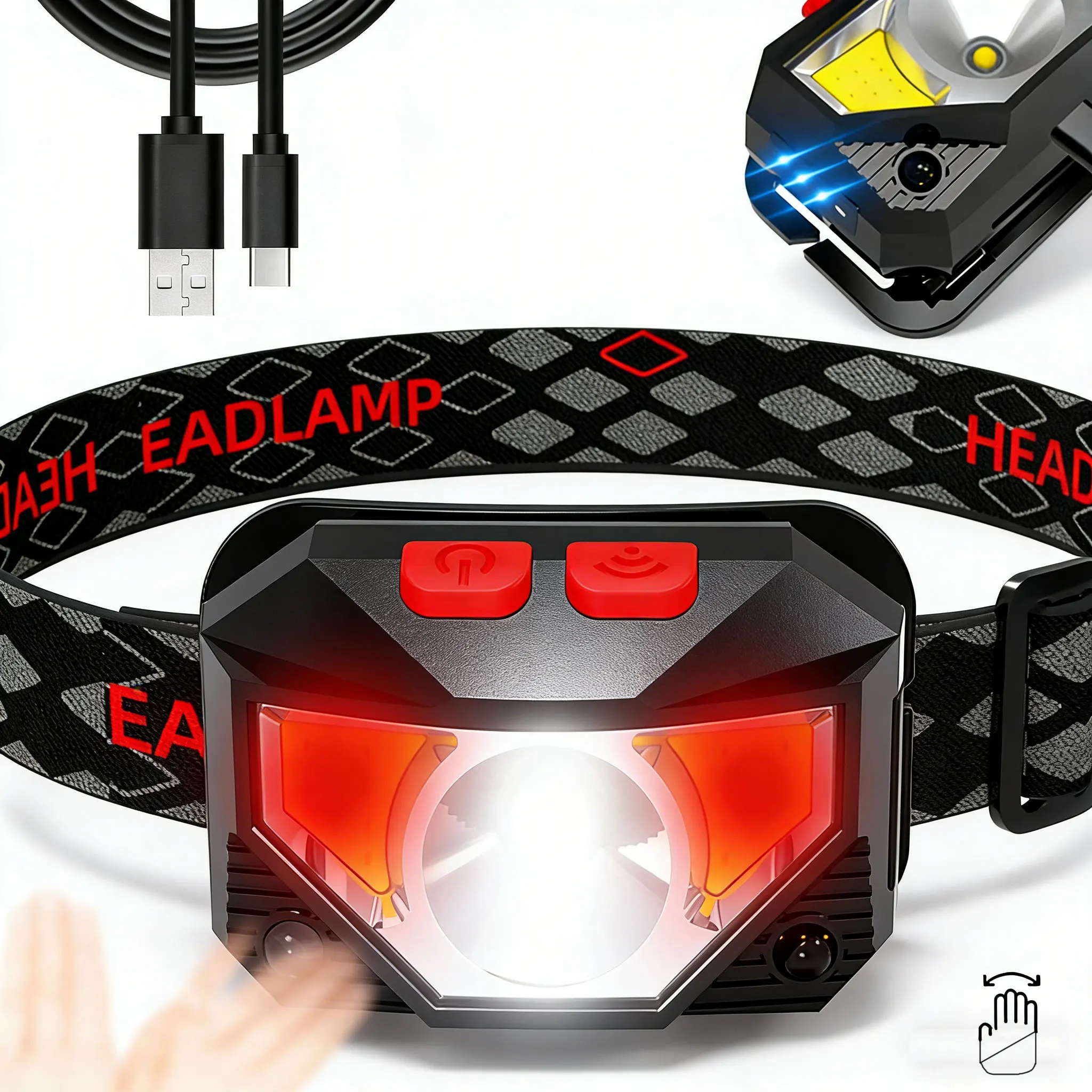 Red Light Headlamp LED Rechargeable Powerful Headlight Waterproof Head LED Front Flashlight Fishing Accessories Work Light