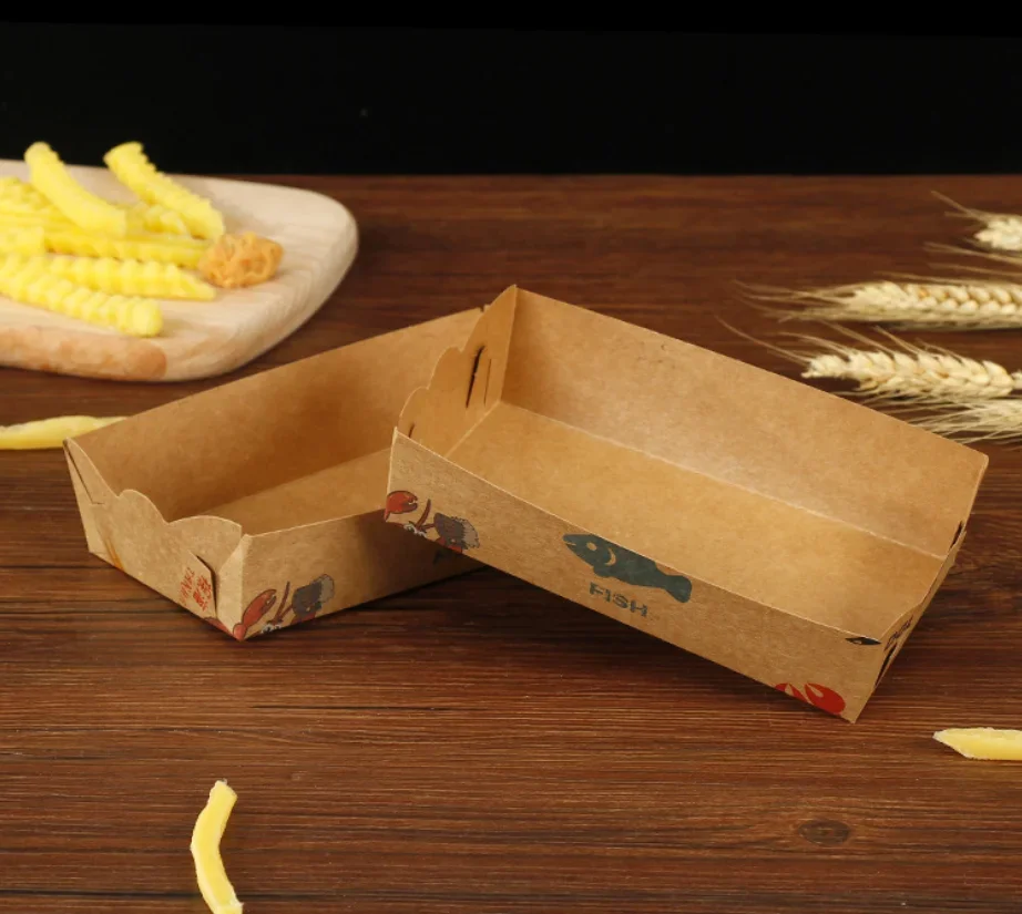 100Pcs Disposable Paper Food Serving Tray Kraft Paper Take-Out Boat Shape Snack Open Box French Fries Chicken Storage Tray