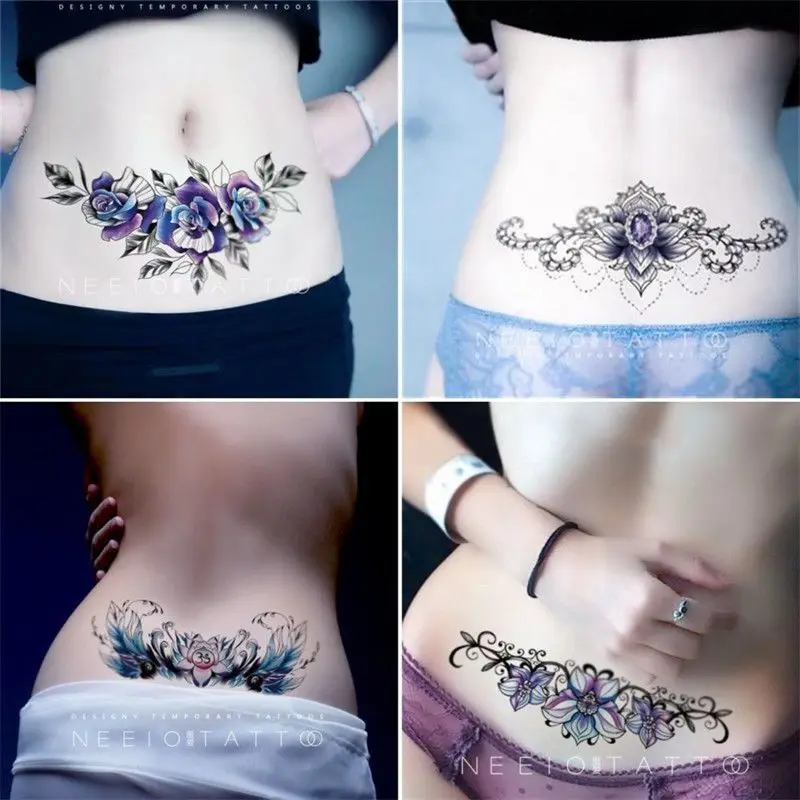 Tatuajes de cintura para el vientre, pegatinas de rosas sexys duraderas, impermeables, patrón de estiramiento del vientre, tótem, barra duradera para niñas