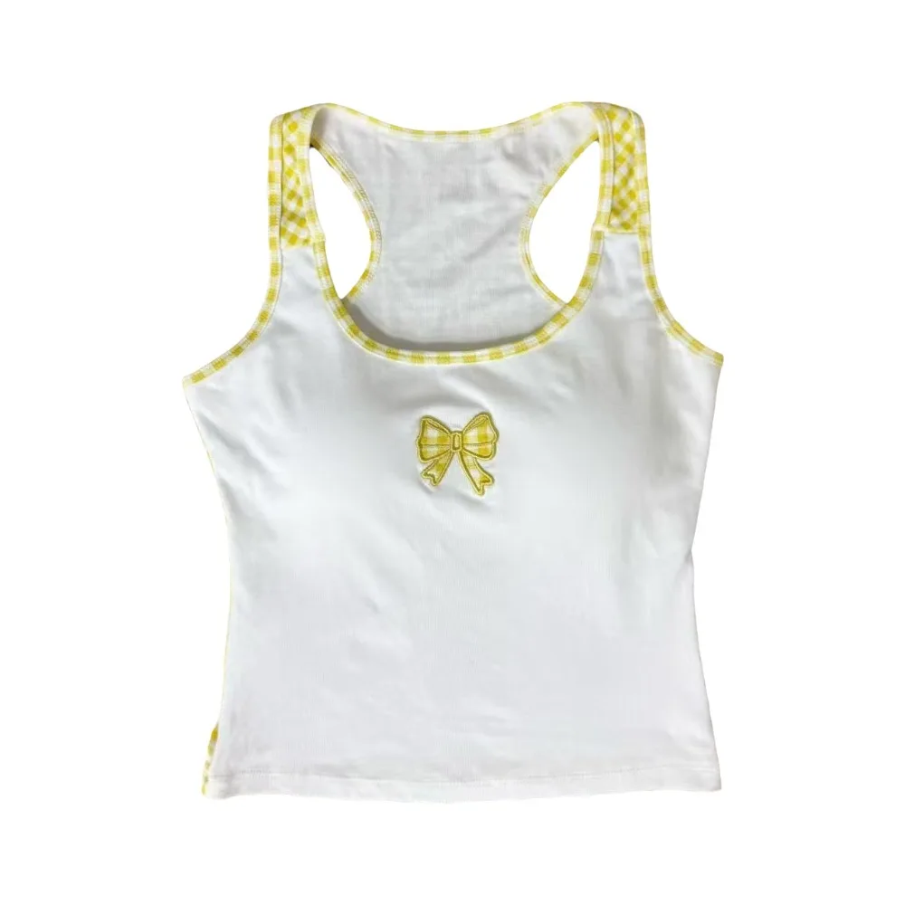 

Soft Grid Sleeveless Crop Top Streetwear Bowknot Korean Bow Tank Top Beachwear Slim Fit Camisole With Pads Outdoor