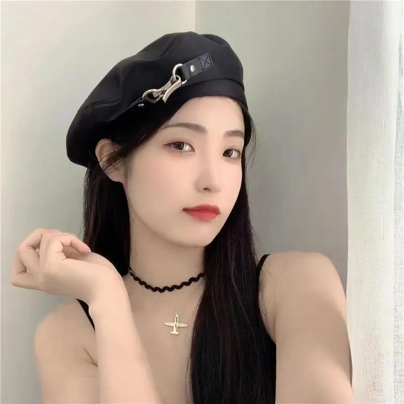 Womens Beret Cap Hat Summer Hat Harajuku Punk Gothic Metal Ring PU Belt Chain Black Hat Streetwear Beanie Bonnet