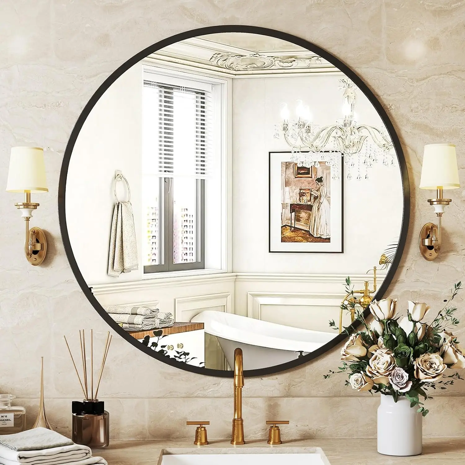 

Sweet Crispy Black Round Wall Mirror 24 Inch for Bathroom, Entryway, Bedroom, Vanity Over Sink
